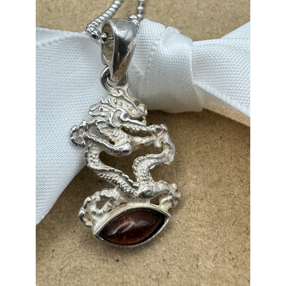 Sterling Silver Dragon Pendant Cognac Amber Gemstone Mythical Jewelry
